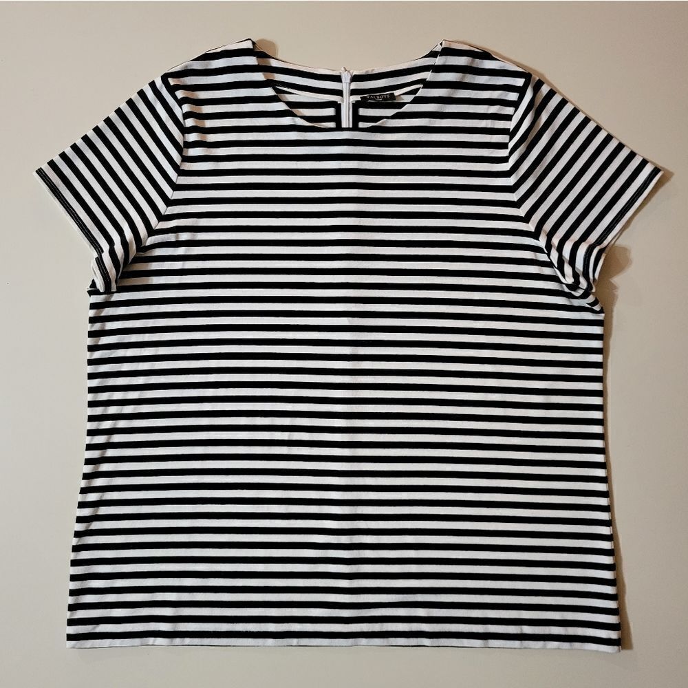 Talbots Women's Black Stripe Rayon Short Sleeve Roundneck Top